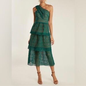 Self-Portrait One Shoulder Floral Chain Lace Guipure Green Midi 4